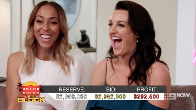 A profitable result for Bianca Chatfield and Carla Dziwoki. Their final profit was $301,000. Picture: The Block/Nine Network