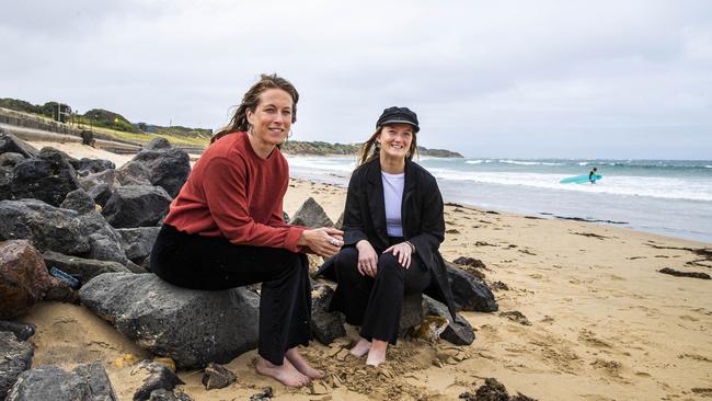 Elise Aston with her daughter Ebony, 20, on the beach at Torquay near her home in Jan Juc on Victoria’s south coast. Picture: Aaron Francis