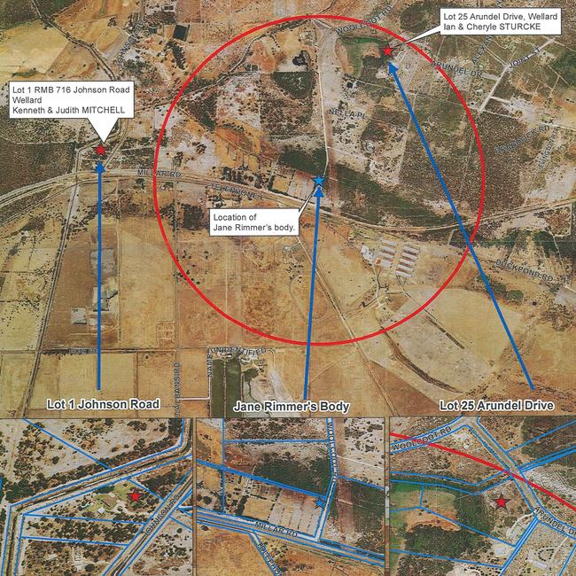 WA Police maps prepared in relation to the Claremont serial killings that show where witnesses in the Wellard area heard screams on the night Jane Rimmer was murdered.