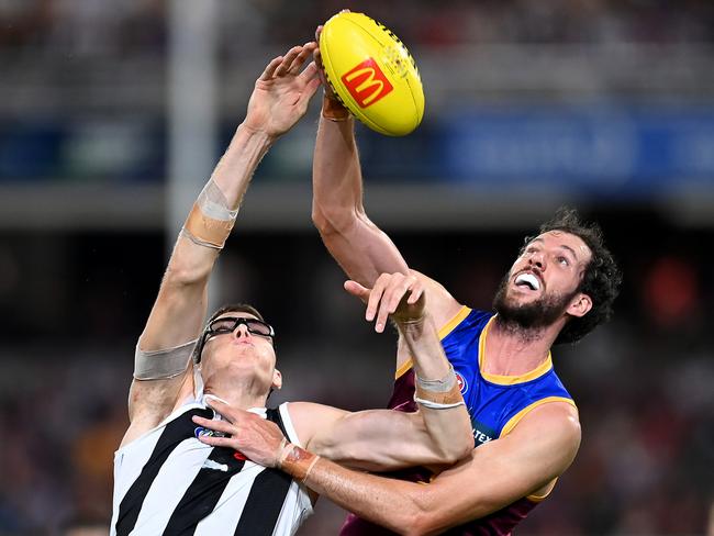 Darcy Fort battled with Mason Cox at the Gabba in Round 3. Fort hasn’t played at AFL level since Round 7. Picture: Albert Perez/AFL Photos via Getty Images.