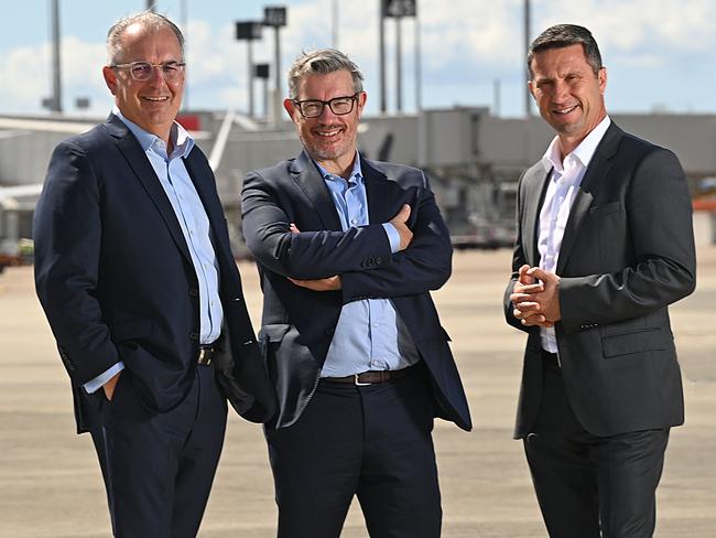 20/04/2021 : The men that saved Virgin, L-R John Greig , Richard Hughes and Sal Algeri , from Deloitte Australia are three of the four Voluntary Administrators of Virgin Australia, at Brisbane airport Pic Lyndon Mechielsen