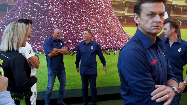 Adam Gilchrist at a Fox Cricket launch in 2019 with fellow commentators Andrew Symonds and Shane Warne. Picture: Toby Zerna