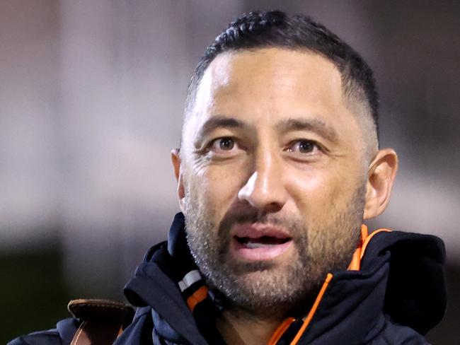 WOLLONGONG, AUSTRALIA - JULY 20: Assistant Coach of the Tigers Benji Marshall arrives prior to the round 21 NRL match between St George Illawarra Dragons and Wests Tigers at WIN Stadium on July 20, 2023 in Wollongong, Australia. (Photo by Jeremy Ng/Getty Images)