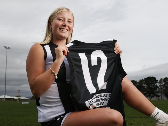 Peyton with the number 12 guernsey her uncle last wore.  Peyton Webster 15 will play for Claremont Football Club u/18's this season wearing her Uncle Brent Webster's former guernsey number returning the number from retirement.  Brent 'nipper' Webster is a former club captain and played at the club until a spinal injury ended his football playing career.  Picture: Nikki Davis-Jones