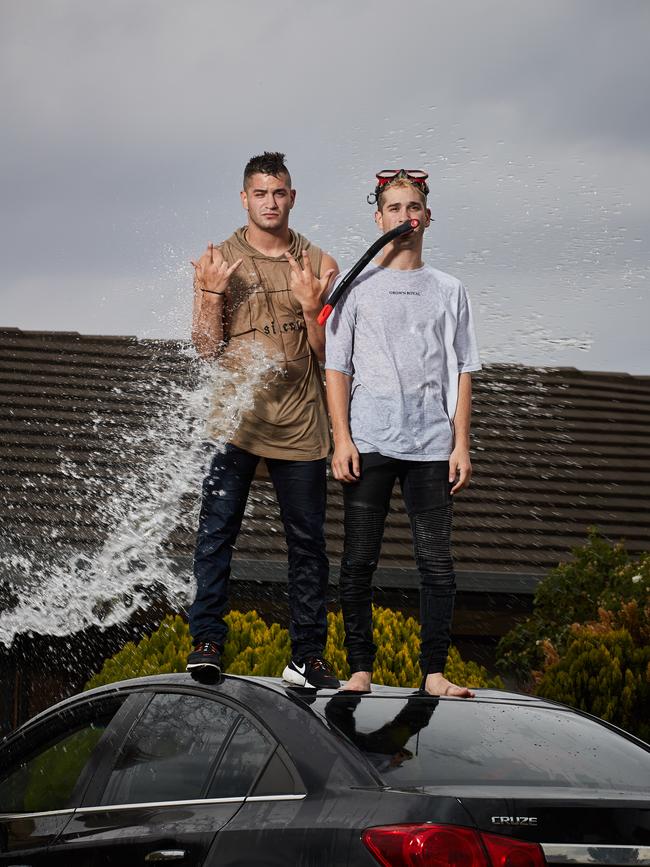 Michael and Danny Philippou pose for a picture at their home after the underwater car pool video went viral. Picture: Matt Loxton