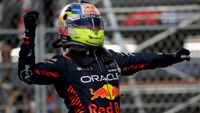 Sergio Perez celebrates his victory. (Photo by Lars Baron/Getty Images)