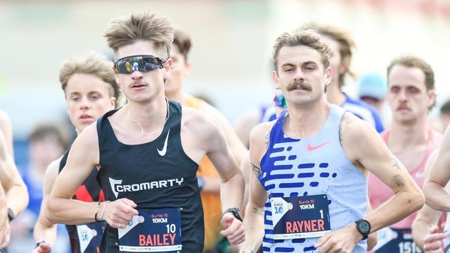 Jack Rayner (right) on his way to defending his Burnie 10 crown on Sunday. Picture: Simon Sturzaker Photography