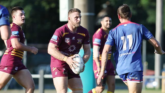 Suburbs captain Aidan Day led by example, running hard at the defensive line in the Far North Queensland Rugby League (FNQRL) match between Southern Suburbs and the Ivanhoe Knights, held at Alley Park, Gordonvale. Picture: Brendan Radke