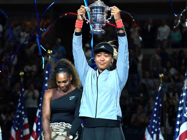 Naomi Osaka holds her trophy aloft after the final. Picture: AFP