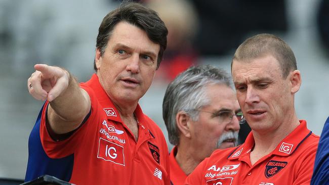 Paul Roos and his successor Simon Goodwin talk tactics during the 2016 season. Picture: Wayne Ludbey