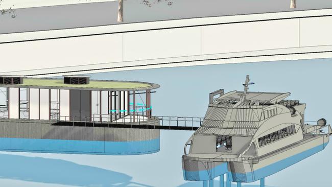 Concept design of Derwent Ferry coming in to dock at the proposed new terminal site at Lords Beach, Sandy Bay. Picture: Hobart City Council