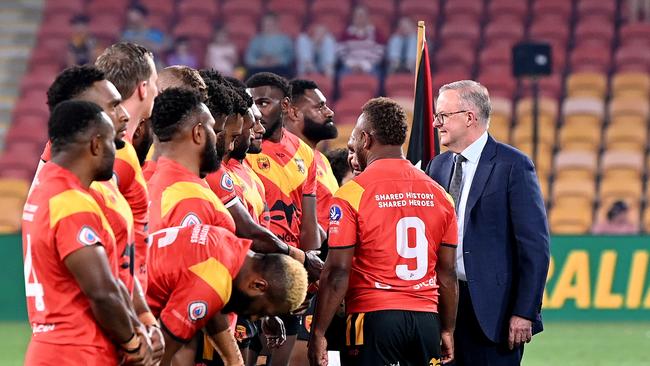 Mr Albanese meets PNG Kumuls players before a 2022 PM’s XIII match at Suncorp Stadium. Picture: Getty Images