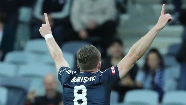 Besart Berisha celebrates after scoring to break Archie Thompson’s A-League goal scoring record. Picture: Getty Images