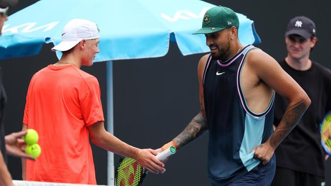 MELBOURNE, JANUARY 12, 2025: 2025 Australian Open Tennis, Day One. Nick Kyrgios trains with Cruz Hewitt. Picture: Mark Stewart