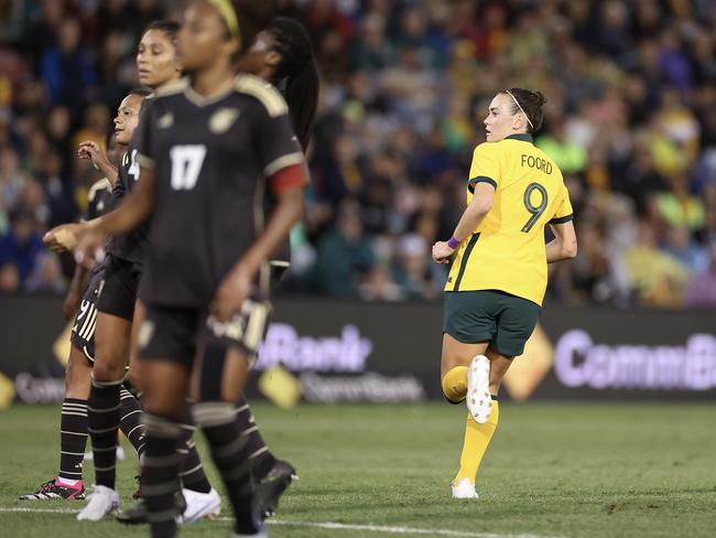 Caitlin Foord celebrates a stunning goal against Jamaica, struck after being fed by Sam Kerr. Picture: Cameron Spencer/Getty Images