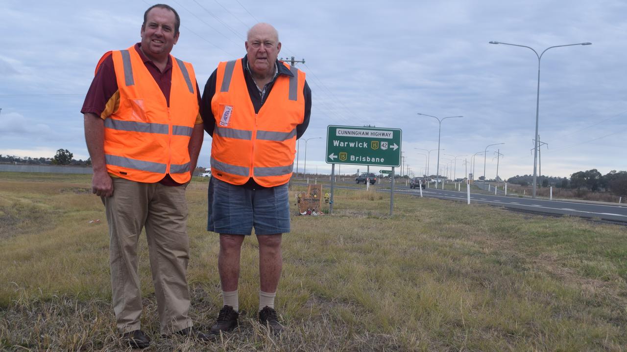 WORKS BEGIN: The $25 million dollar road works project to build a new overpass at the Eight Mile intersection, where the Cunningham and New England highways meet north of Warwick is now under way. Warwick and District Road Safety Group members Andrew Gale (left) and Graham Buchner have been advocating for the project for a number of years following the tragic death of several drivers on this stretch of road. Photo: Jayden Brown.