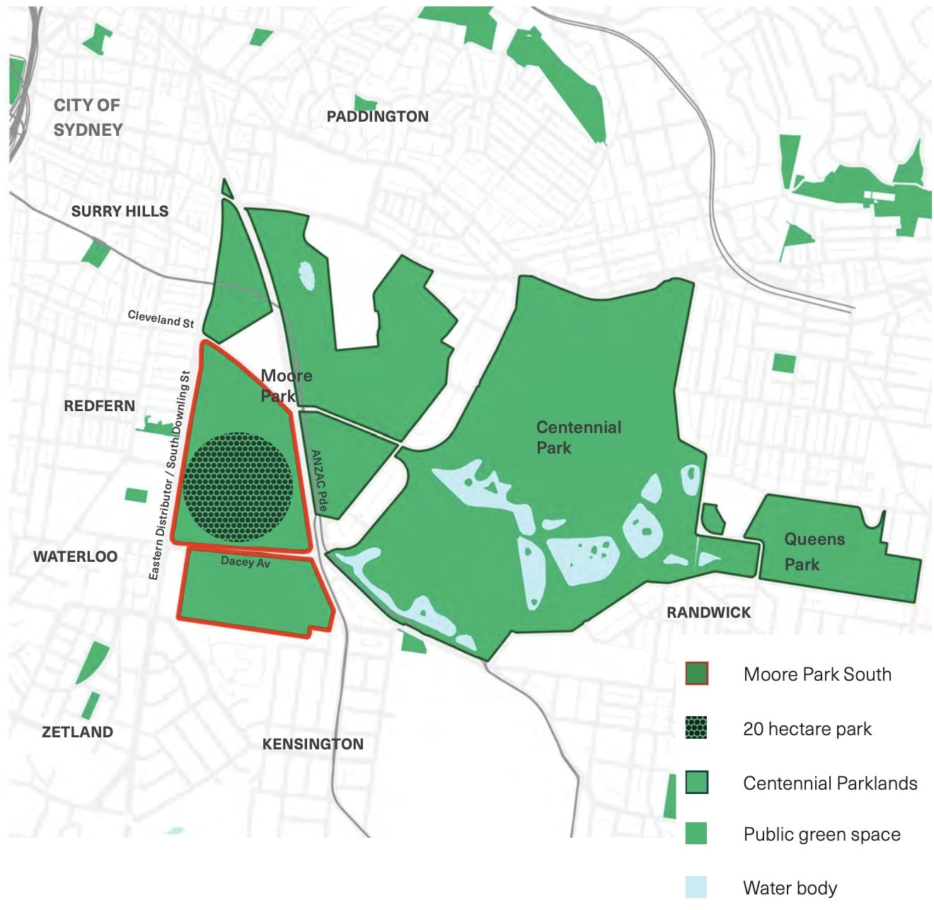 The plan to resume half of Moore Park Golf Course to create a new 20 hectare open green space. Picture: NSW Government