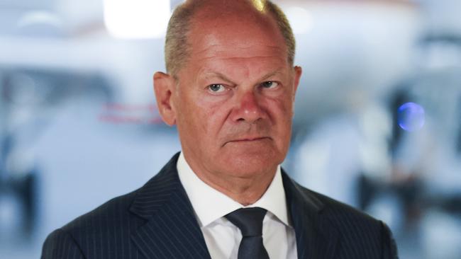 German Chancellor Olaf Scholz speaks to reporters. Picture: Getty Images.