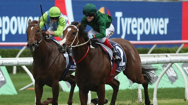 SYDNEY, AUSTRALIA - OCTOBER 19: Craig Williams riding Far Too Easy wins Race 5 The Kosciuszko during Sydney Racing - The Everest Day at Royal Randwick Racecourse on October 19, 2024 in Sydney, Australia. (Photo by Jeremy Ng/Getty Images)