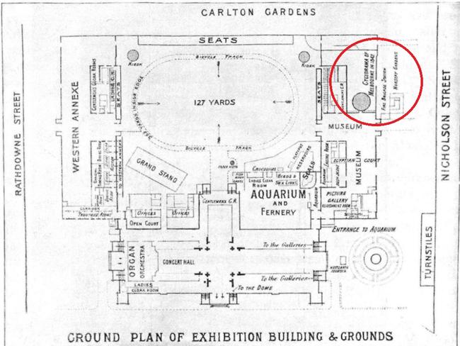 The location of the cyclorama as noted in the Melbourne Exhibition Building official handbook, 1892.