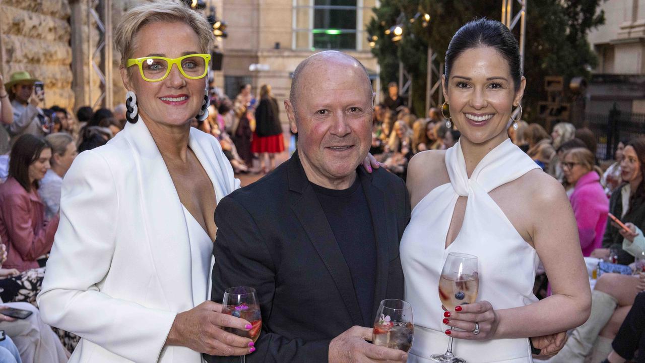 Nat Buckingham, Alfredo Cappella and Simone Roach at the Adelaide Art Gallery, Adelaide Fashion Week. Picture: Kelly Barnes