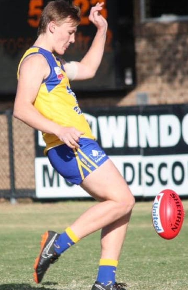 Bailey Lambert slots a goal for Noble Park.