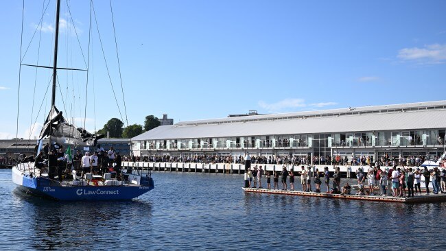 Thousands lined the foreshore at Constitution Dock in Hobart to cheer on the winners. Picture: Steve Bell/Getty Images