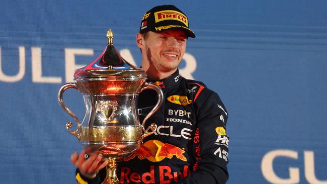 Max Verstappen celebrates on the podium after winning the F1 Grand Prix of Bahrain. Picture: Getty Images