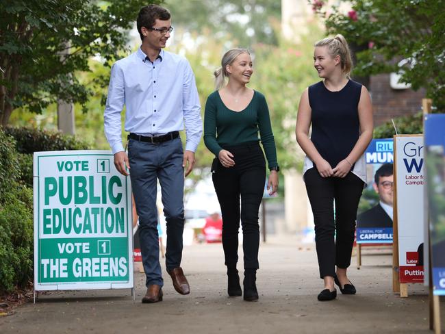 Joshua Rickwood, Haylea Shears and Lily Whitfield will vote for the first time this weekend. Picture: Robert Pozo