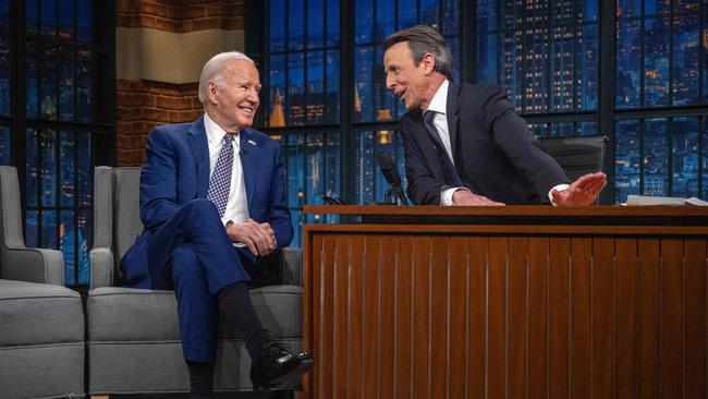 Joe Biden appears with Seth Meyers in New York. Picture: AFP