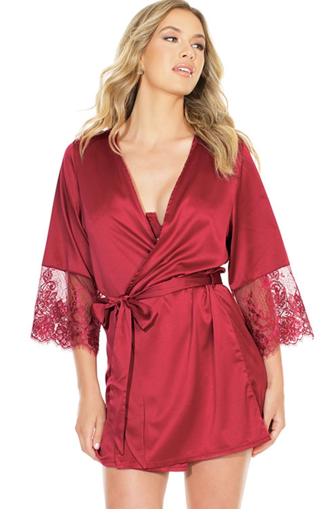 Coquette Bordeaux Babe Satin Eyelash Lace Robe