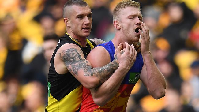 Is Dustin Martin in trouble for this hit on Nick Robertson? Picture: AAP