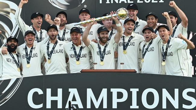 New Zealand players celebrate victory on the final day of the ICC World Test Championship.