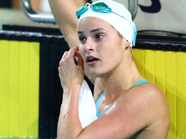 BRISBANE, AUSTRALIA - JUNE 11: Kaylee McKeown of Queensland reacts after winning the Womenâs 100m Backstroke Finalduring the 2024 Australian Swimming Trials at Brisbane Aquatic Centre on June 11, 2024 in Brisbane, Australia. (Photo by Chris Hyde/Getty Images)
