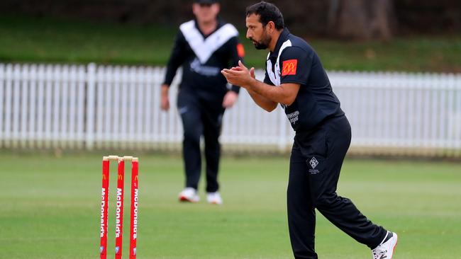 Mohammad Javed Ahmadi of Western Suburbs celebrates a wicket at Pratten Park, on November 28, 2021. (Photo by Jeremy Ng/News Corp Australia)