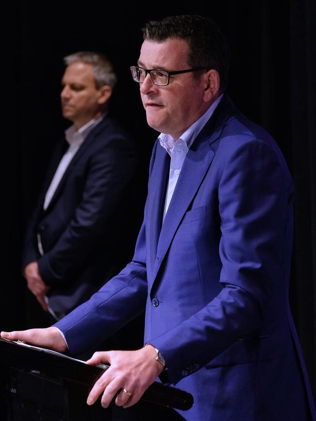 Victorian Premier Daniel Andrews (right) and Chief Health Officer Brett Sutton speak to the media yesterday. Picture: AAP