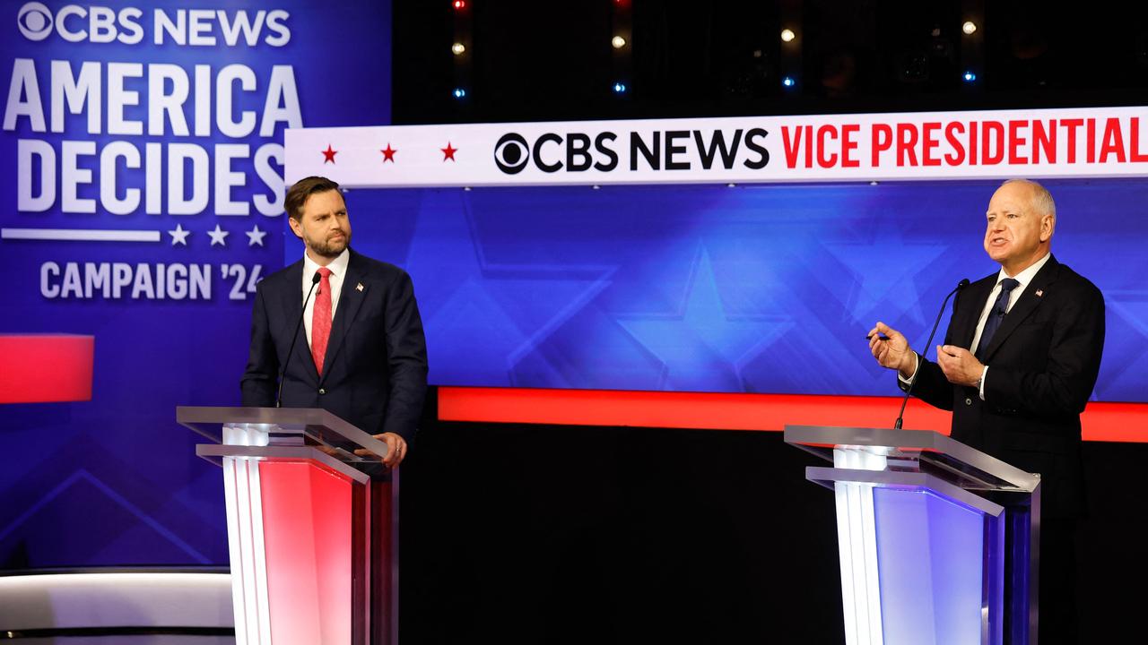 Republican vice presidential candidate, Senator JD Vance and Democratic vice presidential candidate, Minnesota Governor Tim Walz, participate in a debate at the CBS Broadcast Center on October 1, 2024. Picture: Getty Images via AFP