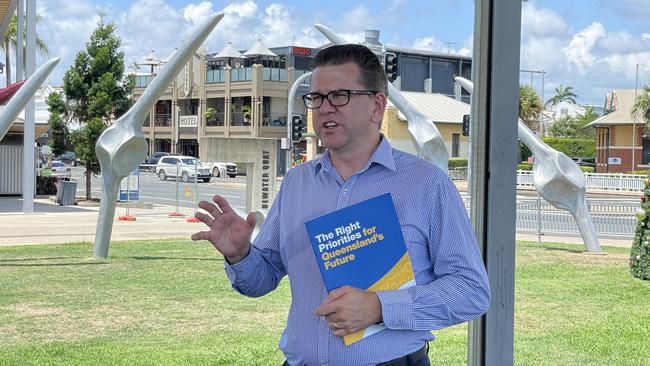 Deputy opposition leader Jarrod Bleijie visited Mackay on Tuesday, December 5, 2023, to criticise the Labor government’s approach to tackle crime rates. Picture: Fergus Gregg