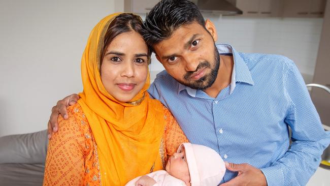 Indian migrants Anisha Anjum and husband Aarif Kabir Ahmad with daughter Mirha, one month. Picture: Mark Stewart