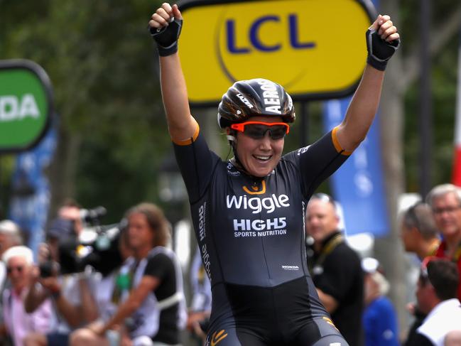 PARIS, FRANCE - JULY 24: Chloe Hosking of Australia and Team Wiggle High5 celebrates victory in La Course by Le Tour de France at Paris Champs-Elysees on July 24, 2016 in Paris, France. (Photo by Michael Steele/Getty Images)