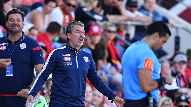 Former Adelaide United goalkeeper coach Frank Juric and ex boss Marco Kurz react to a decision in the clash against Wellington Phoenix at Coopers Stadium in January. Picture: Daniel Kalisz/Getty Images