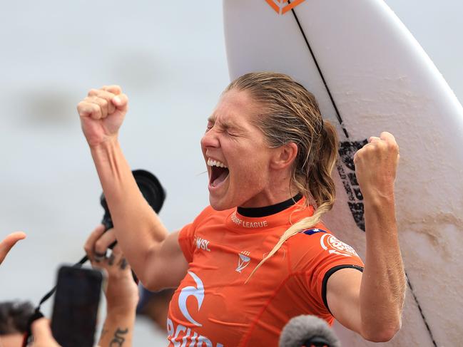 SAN CLEMENTE, CALIFORNIA - SEPTEMBER 08: Stephanie Gilmore of Australia reacts after finishing first place in the Ripcurl WSL Finals at Lower Trestles on September 08, 2022 in San Clemente, California.   Sean M. Haffey/Getty Images/AFP