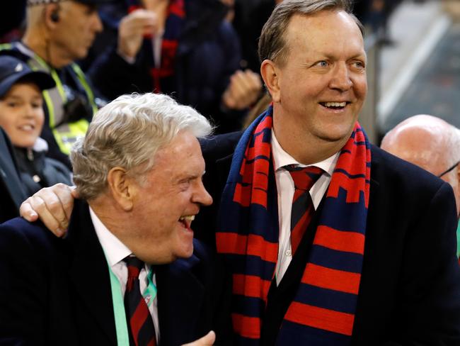 MELBOURNE, AUSTRALIA - SEPTEMBER 07: Geoff Freeman, Vice Chairman of the Demons (left) and Glen Bartlett, Chairman of the Demons celebrate after the clubs first finals win in 12 years during the 2018 AFL First Elimination Final match between the Melbourne Demons and the Geelong Cats at the Melbourne Cricket Ground on September 07, 2018 in Melbourne, Australia. (Photo by Adam Trafford/AFL Media/Getty Images)