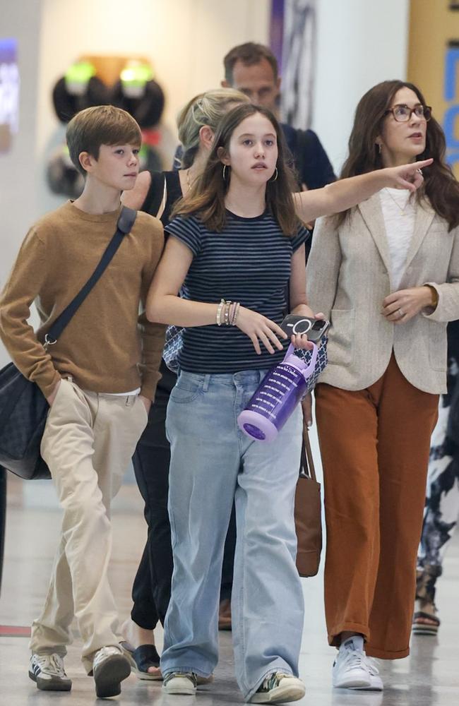 Princess Mary seen with her two youngest children Prince Vincent and Princess Josephine at Sydney Domestic Airport. Picture: Media Mode