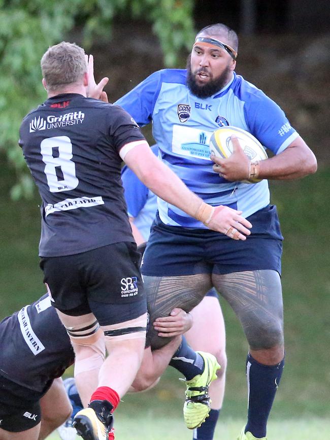 Gold Coast District Rugby Union Round 5 match between Griffith University Colleges Knights and Helensvale Hogs (blue shirts) at Ashmore TAFE field. Photo of Samson Mariner. Gold Coast, 11th May, 2019 AAP Image/Richard Gosling