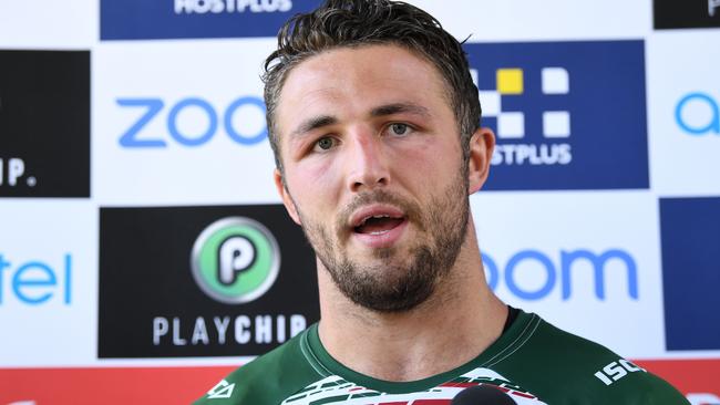 Sam Burgess fronts the media during the phone incident. Photo: AAP Image/Joel Carrett