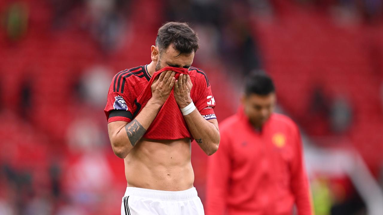 MANCHESTER, ENGLAND – SEPTEMBER 16: Bruno Fernandes of Manchester United looks dejected following the team's defeat in the Premier League match between Manchester United and Brighton &amp; Hove Albion at Old Trafford on September 16, 2023 in Manchester, England. (Photo by Michael Regan/Getty Images)