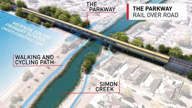 An overhead map of the Mernda rail line extension. It will include a mix of elevated, ground level, and underground tracks.