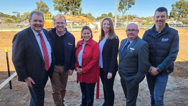 BGRC president Craig Fletcher, Racing Minister Anthony Carbines, Wendouree MP Juliana Addison, Ripon MP Martha Haylett, City of Ballarat Mayor Des Hudson, and Adrian Matherson from CIQ Construction. Photo: Greyhound Racing Victoria