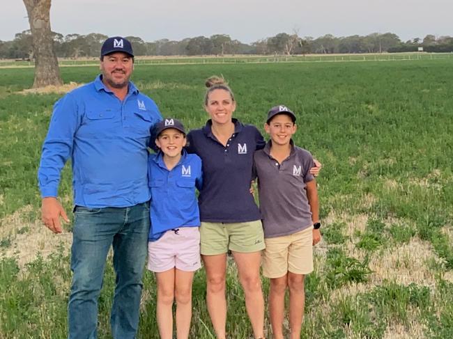 Rob and Kirsty Starling with children Annie and Jack, of Maroona Pastoral at Kingston SE, South Australia.